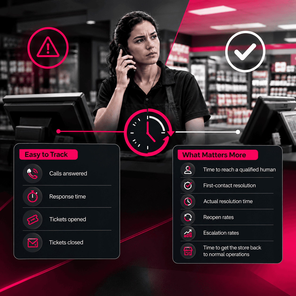Convenience-store employee contacting customer support, with a visual comparison between response metrics and measures of actual issue resolution.