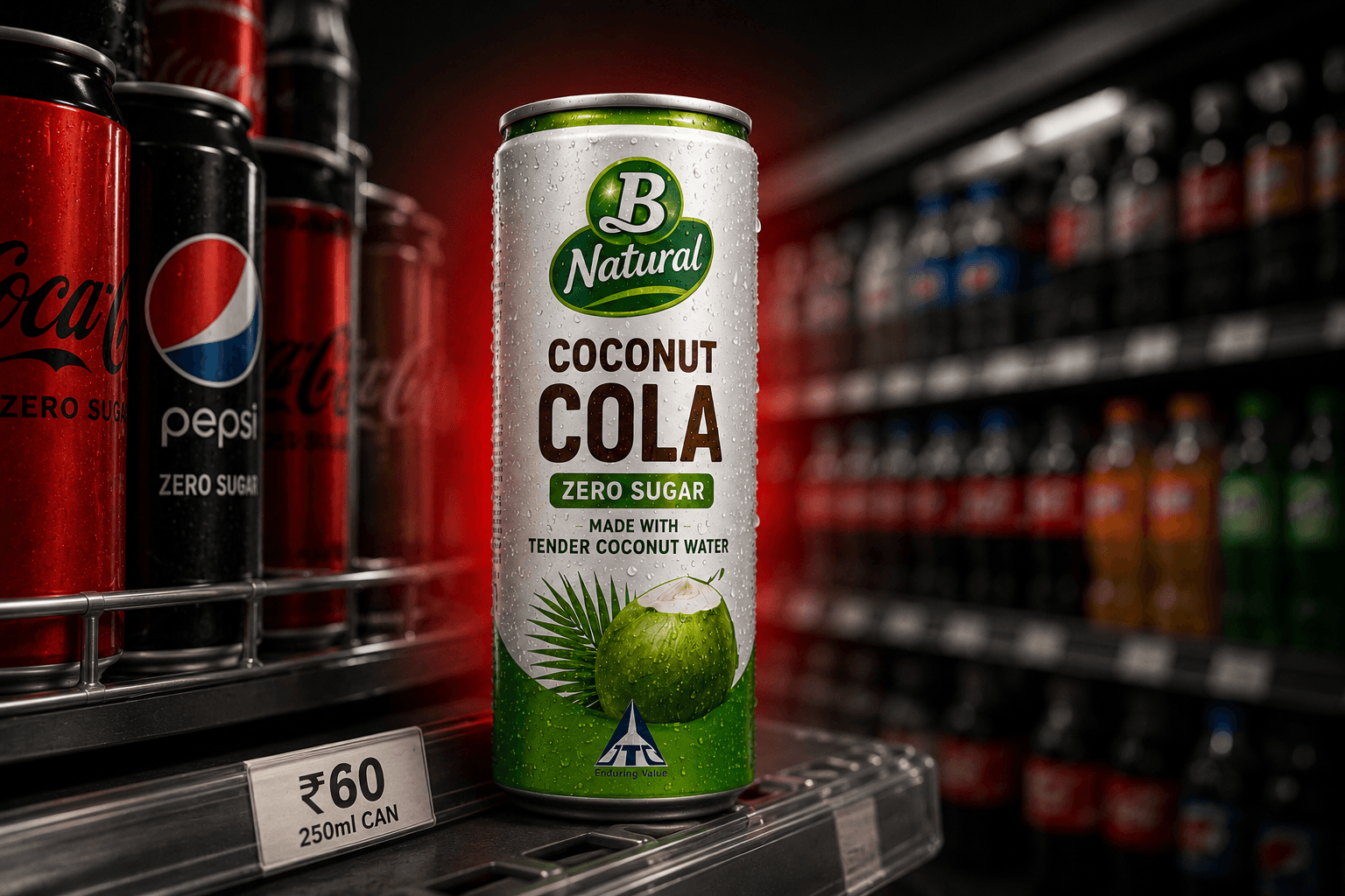 ITC B Natural Coconut Cola can displayed on a convenience store beverage shelf with a red spotlight highlighting the new premium functional soft drink.