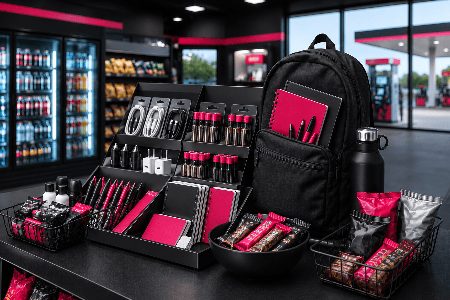 Convenience store display of back-to-school essentials including chargers, batteries, notebooks, pens, snacks, and beverages