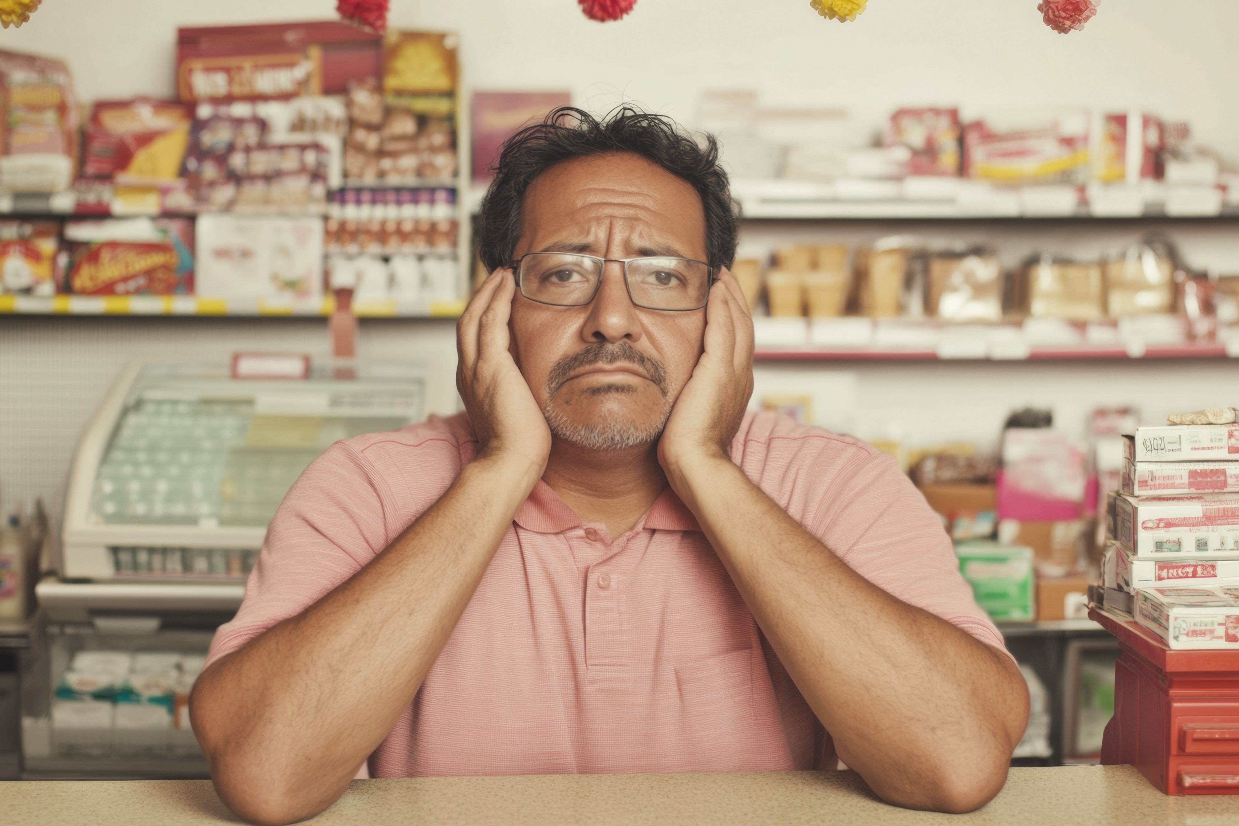 A stressed convenience store owner looks worried behind the counter, reflecting the challenges of managing a c-store in a touch economic climate. This image illustrates the pressures of rising operational costs and tight profit margins, emphasizing the need for effective store management solutions to protect profits and reduce stress.
