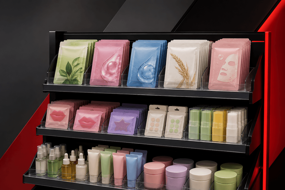 Impulse-ready Korean beauty products including sheet masks, sunscreen sticks, mini serums, lip masks, and pimple patches displayed near a convenience store checkout.