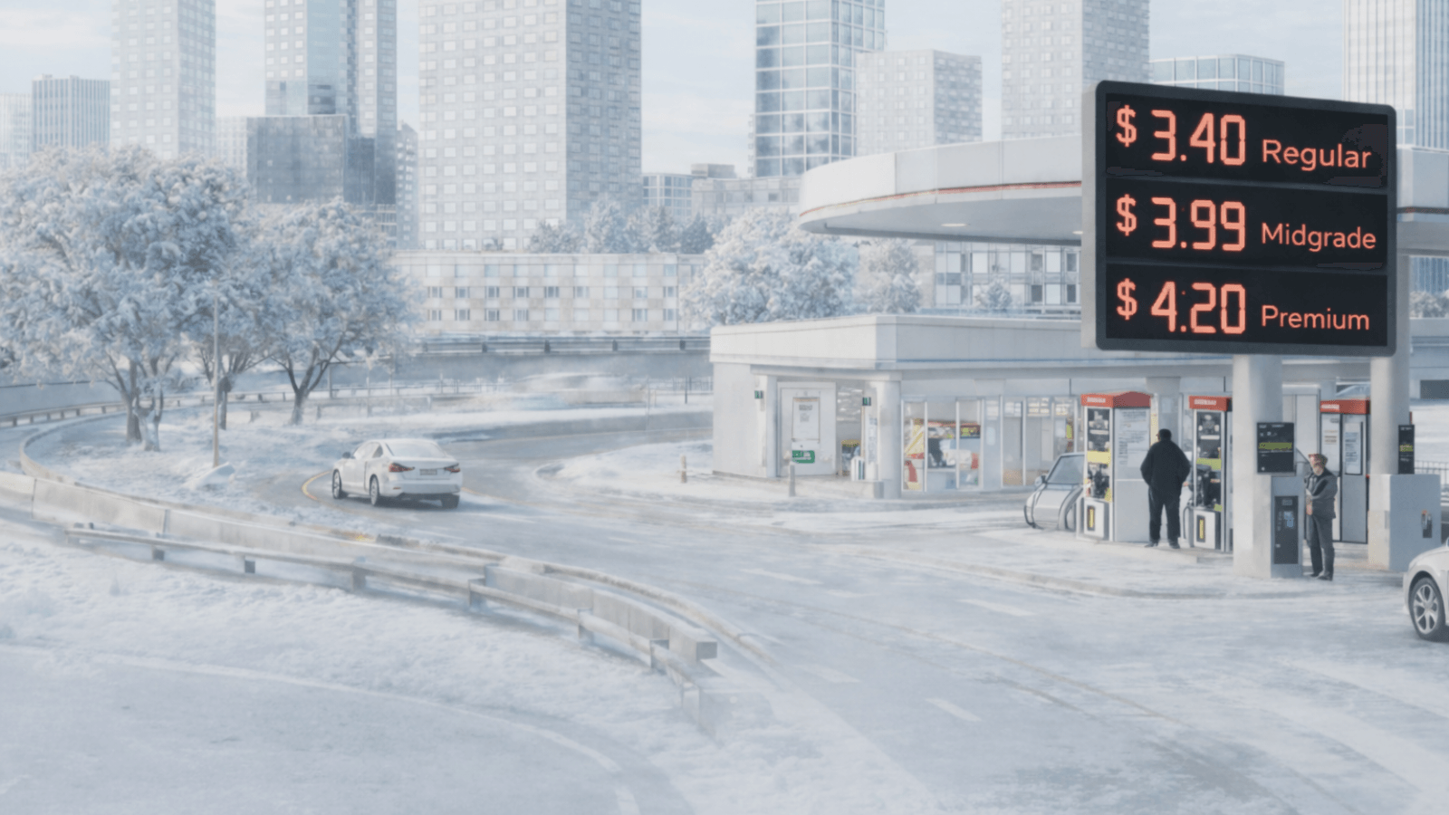 Gas station in an urban setting illustrating how oil market volatility impacts fuel margins and convenience store profitability.