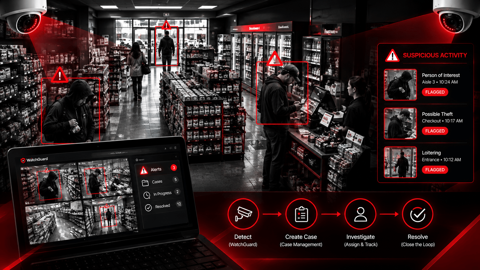 Convenience store monitored by surveillance cameras with suspicious activity flagged across aisles and checkout areas for investigation.