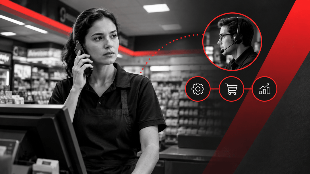 Convenience-store employee contacting customer support beside a POS system, representing operational support and problem resolution.