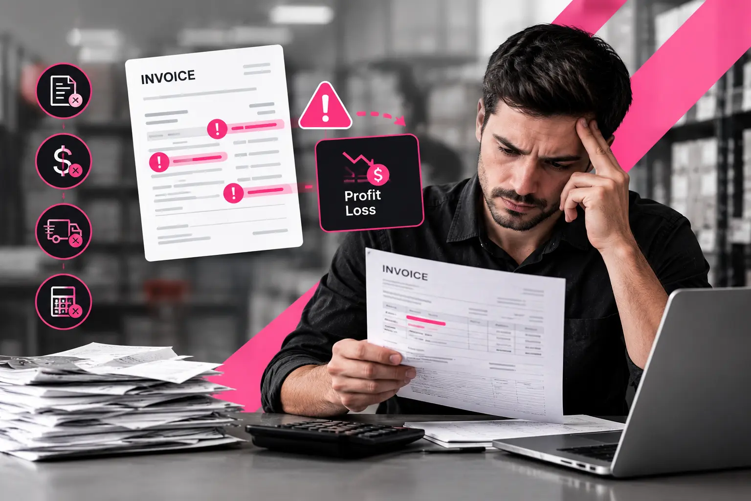 Vendor invoice errors, highlighted billing discrepancies, and paperwork illustrating potential profit loss for convenience store retailers.