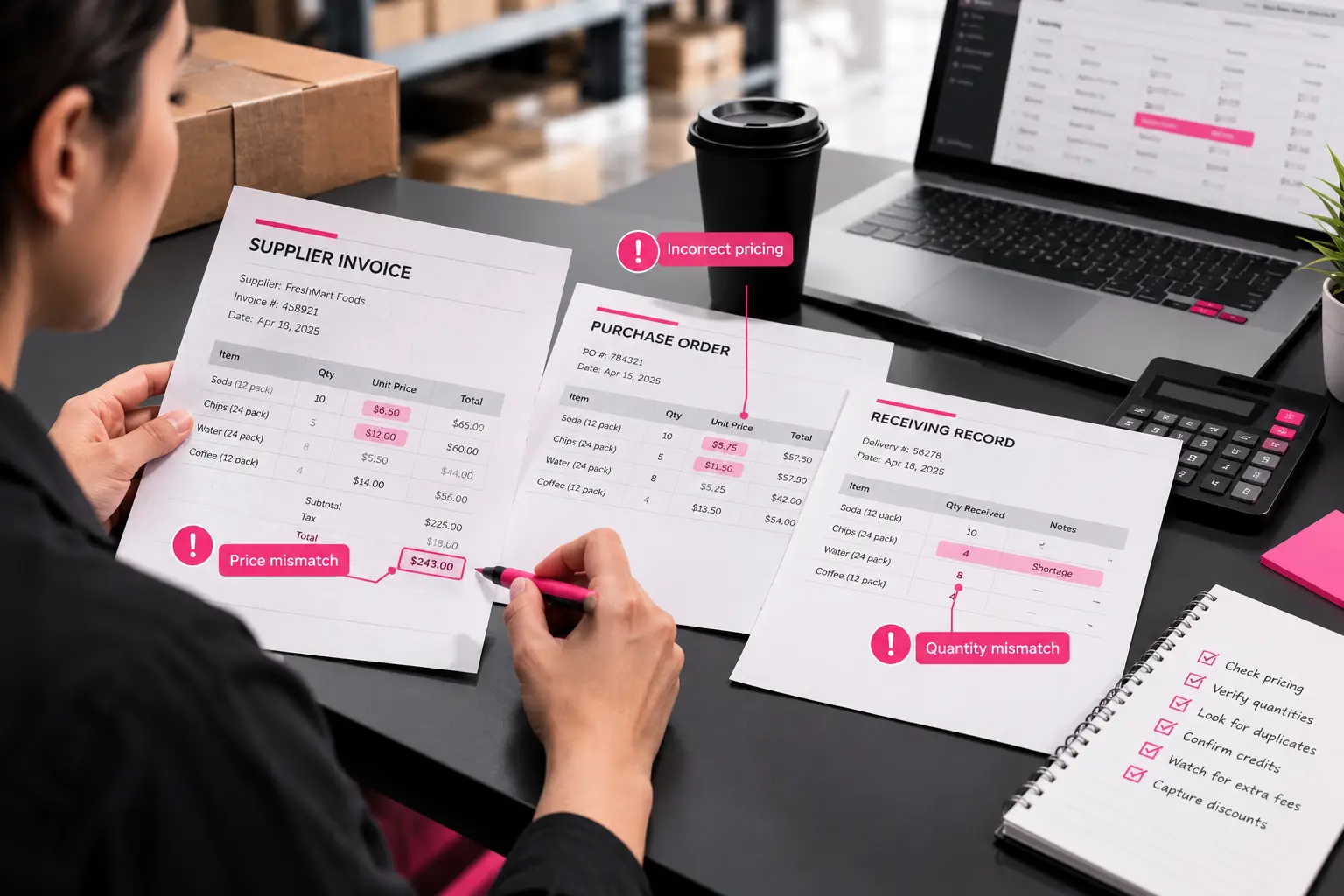 A retailer compares a supplier invoice, purchase order, and receiving record to identify pricing and quantity discrepancies.